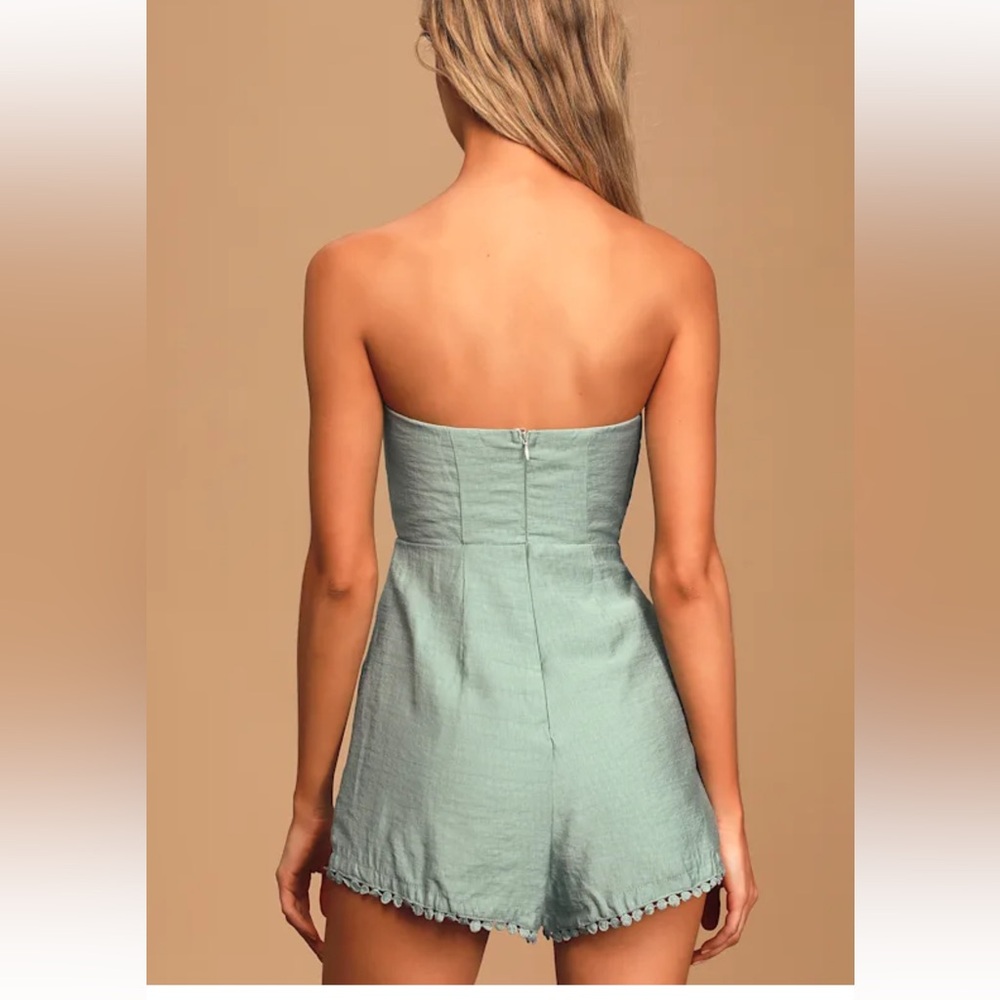 Lulus Charismatic Cutie Sage Green Strapless Tie-front Romper - Size L - Picture 3 of 4